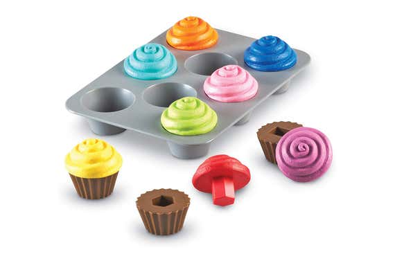 A product image of the Learning Resources Smart Snacks Shape-Sorting Cupcakes, showing eight toy cupcakes in a baking pan.