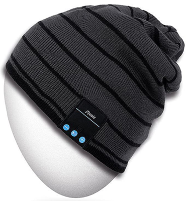 This is an image of boy's bluetooth beanie hat in black and gray colors