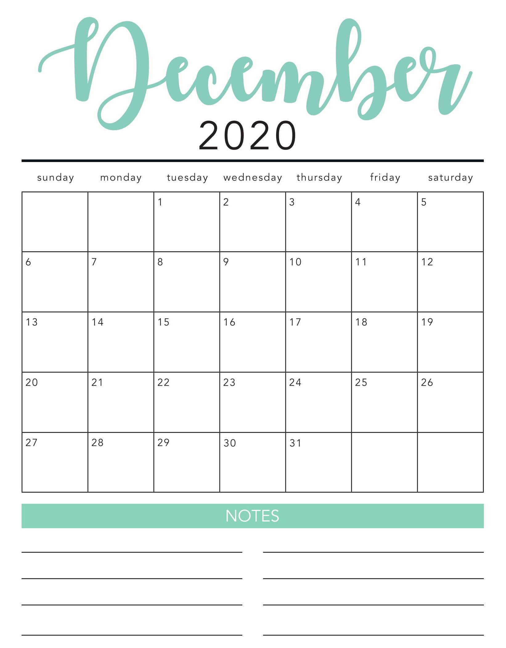 Online December 2020 Calendar Printable