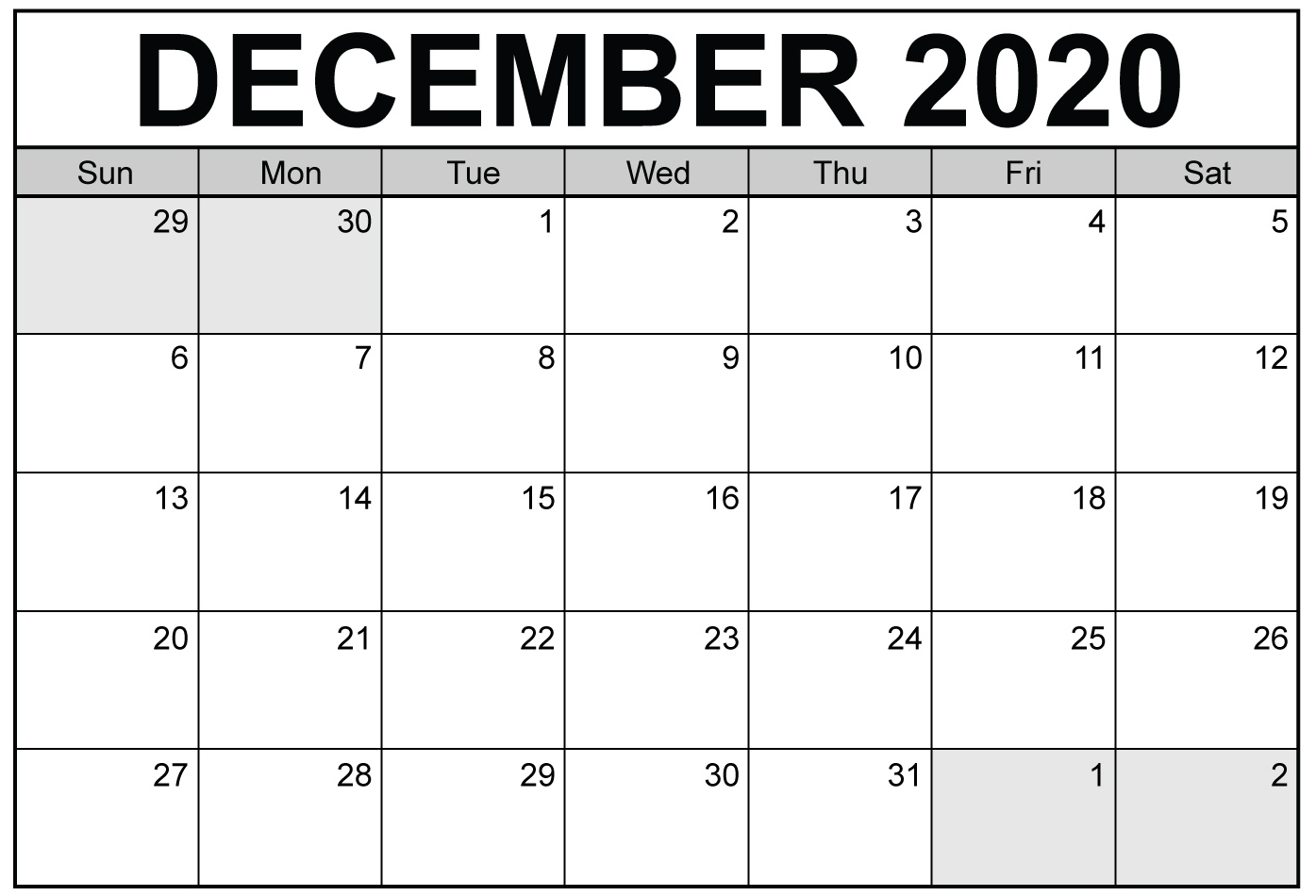 Calendar 2020 December Word