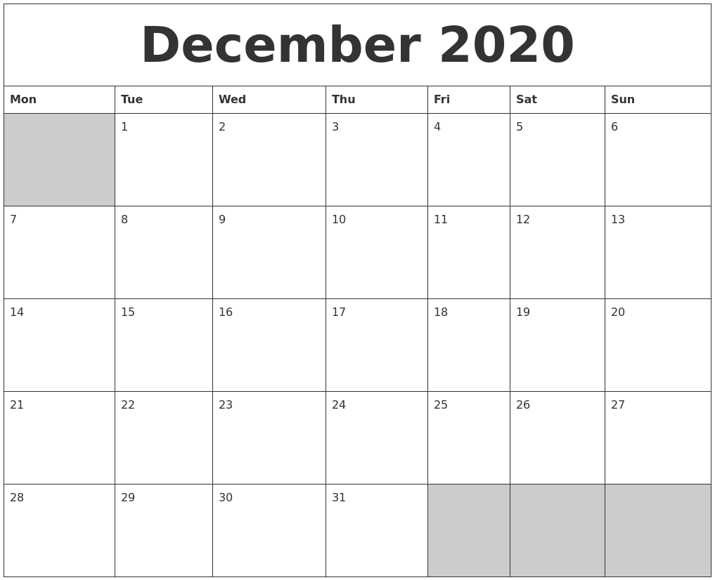 December 2020 Calendar In Word