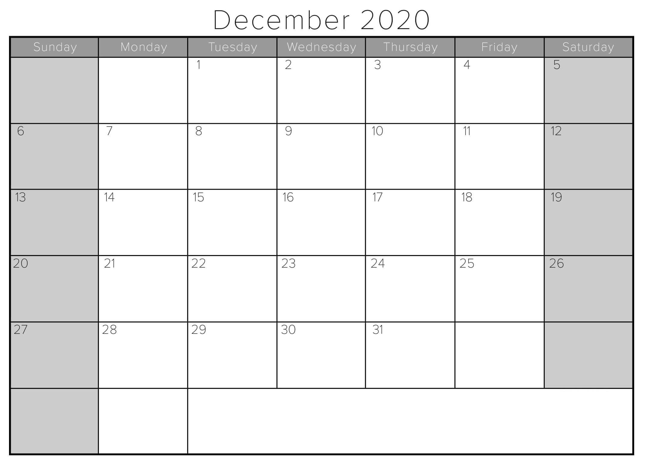Printable December 2020 Calendar Word