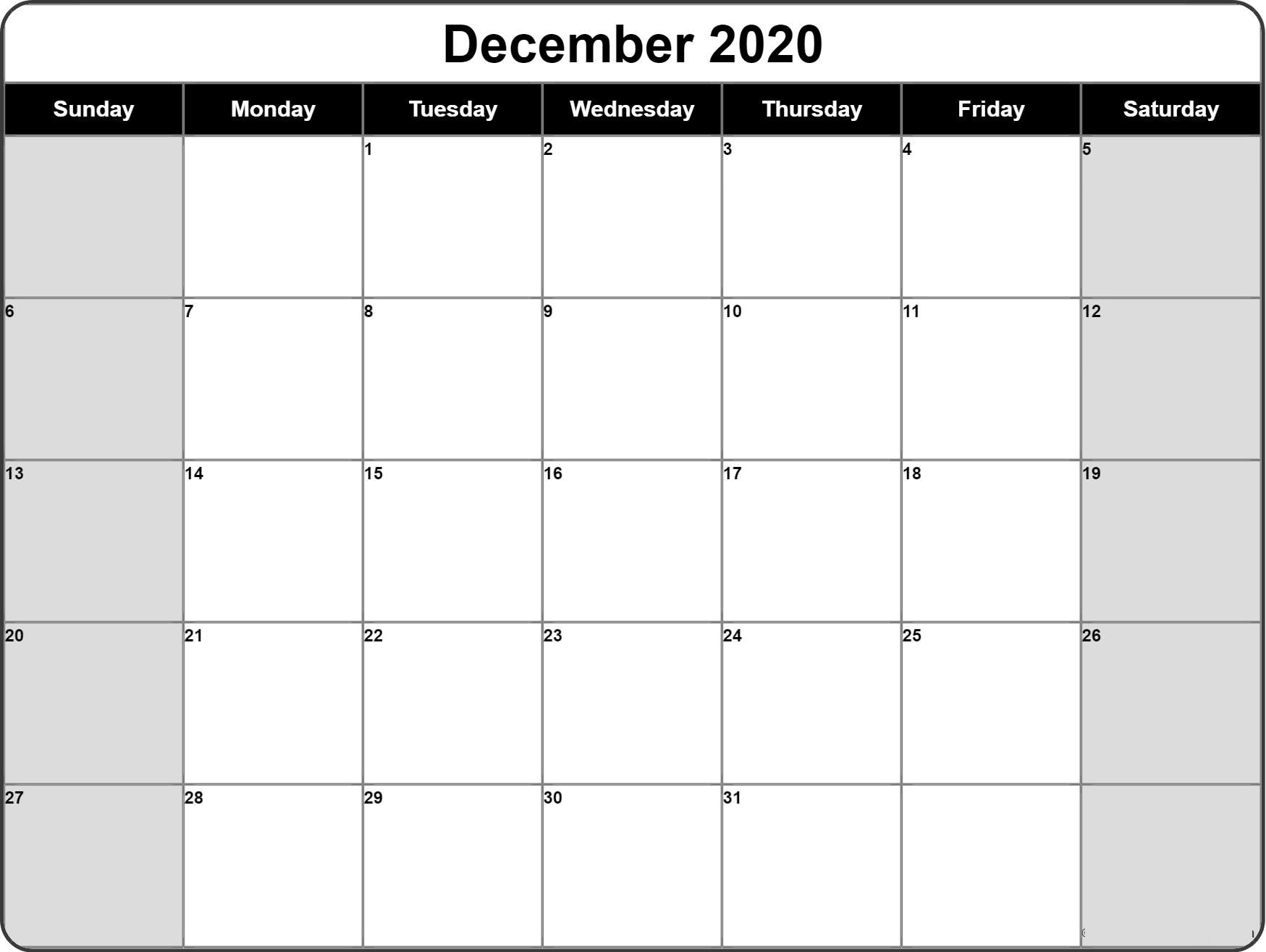 December Calendar 2020 Word