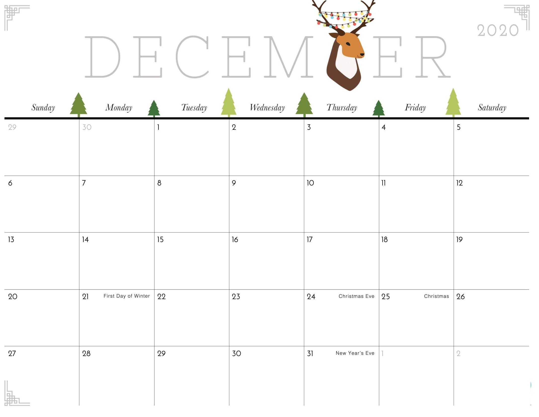 December 2020 Cute Calendar Printable