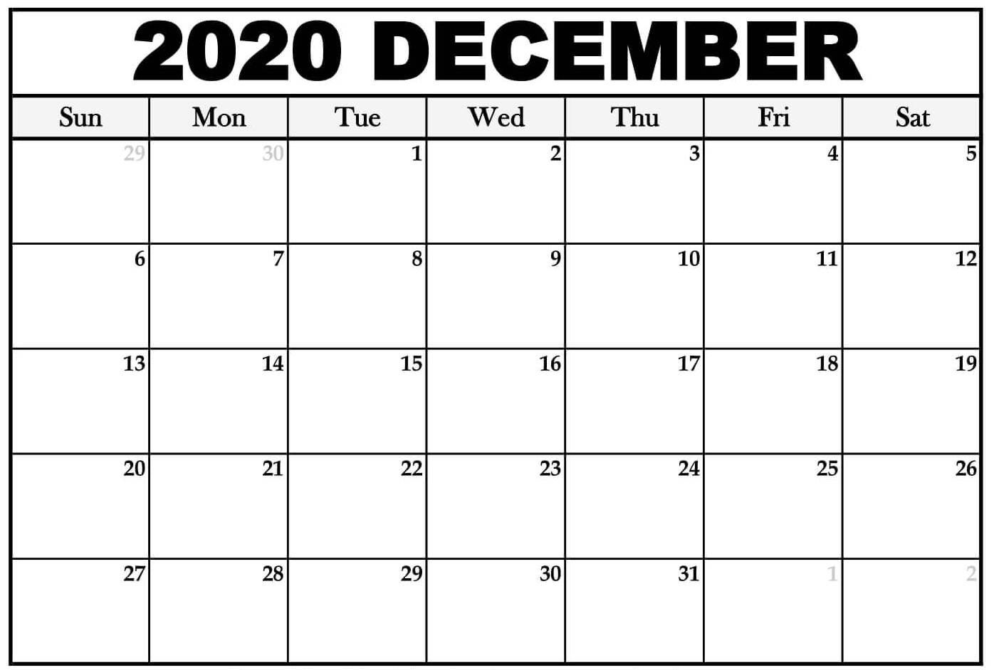 December 2020 Printable Calendar Word