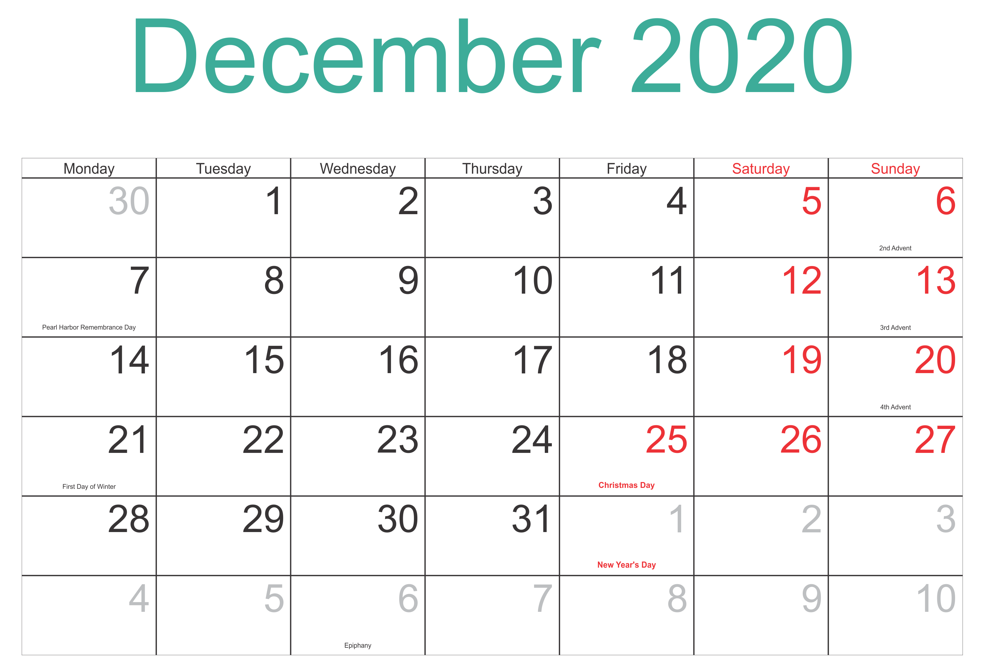 December 2020 Calendar With Holidays Word