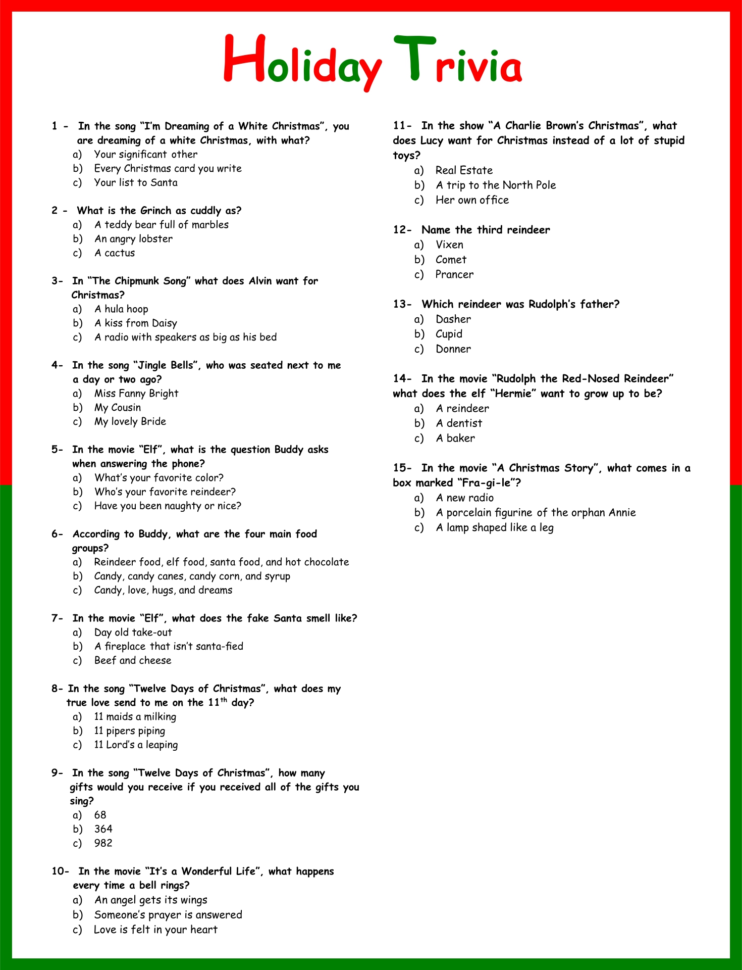 Printable Christmas Trivia Quiz